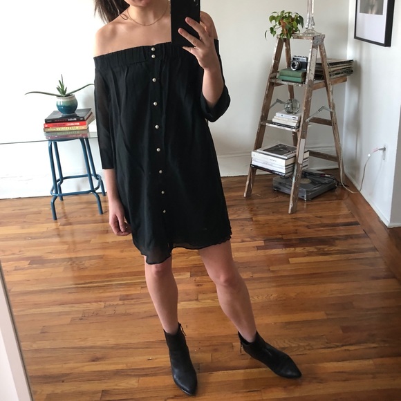 Antipodium Black Sheer Off the Shoulder 3/4 Sleeve Mini Dress w/ Pearl Buttons - Picture 6 of 16